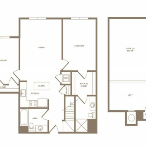 1252 square foot two bedroom two bath loft apartment floorplan image