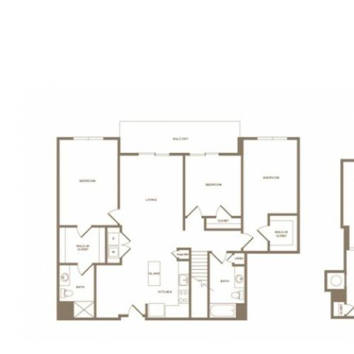 1701 square foot three bedroom two bath loft apartment floorplan image