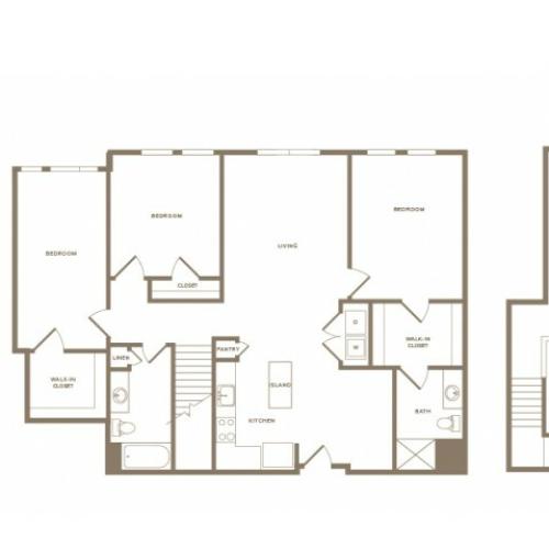 1662 square foot three bedroom two bath loft apartment floorplan image