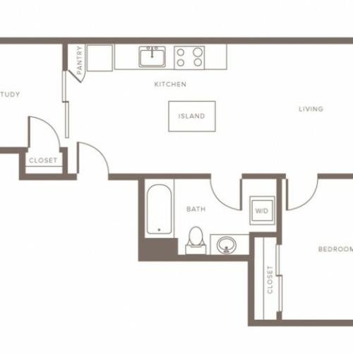 700 square foot one bedroom one bath with study apartment floorplan image