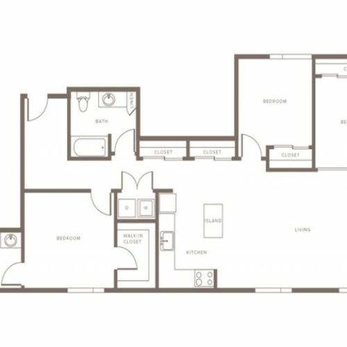 1296 square foot three bedroom two bath apartment floorplan image