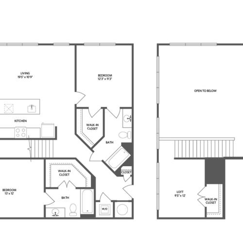 1330 square foot two bedroom two bath loft apartment floorplan image