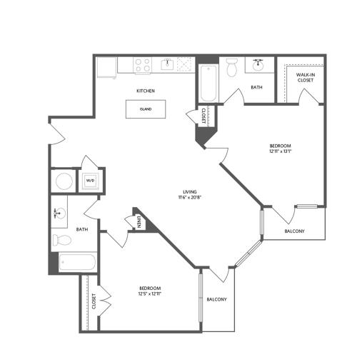 1018 square foot two bedroom two bath apartment floorplan image