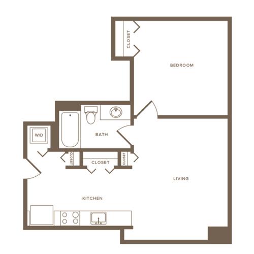 556 square foot one bedroom one bath apartment floorplan image