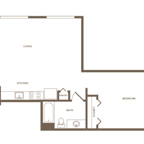 657 square foot one bedroom one bath apartment floorplan image