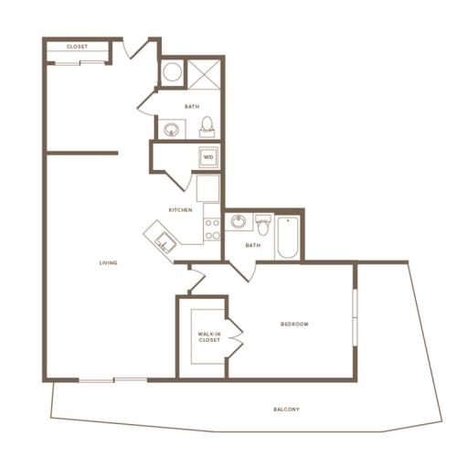 954 square foot one bedroom two bath apartment floorplan image