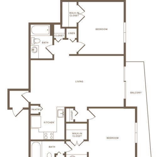 1127 square foot two bedroom two bath apartment floorplan image