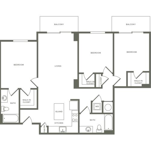 1245 square foot three bedroom two bath apartment floorplan image