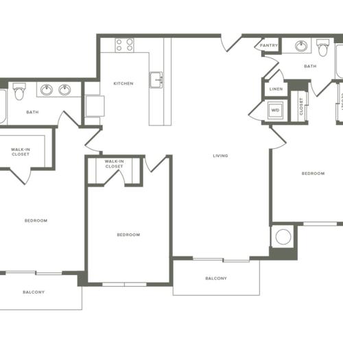 1489 square foot three bedroom two bath apartment floorplan image