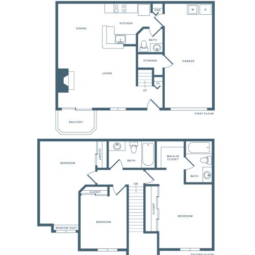 1310 square foot three bedroom two bath townhome floorplan image