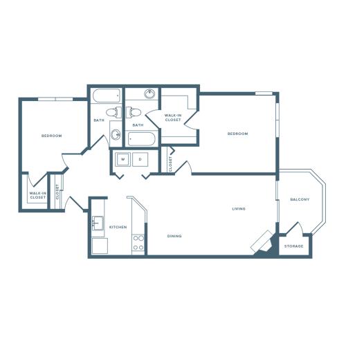 946 square foot renovated two bedroom two bath apartment floorplan image
