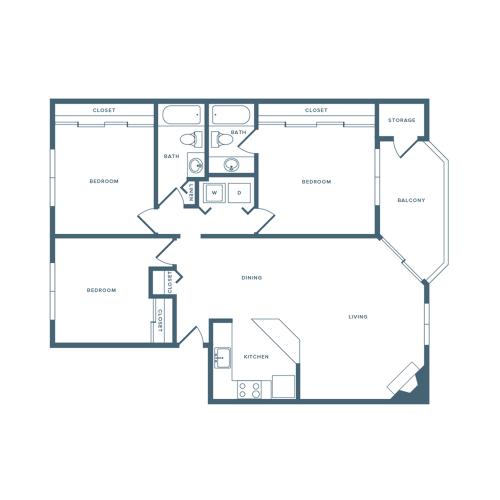1086 square foot renovated three bedroom one bath apartment floorplan image