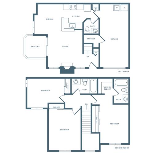 1265 square foot renovated three bedroom two bath townhome floorplan image
