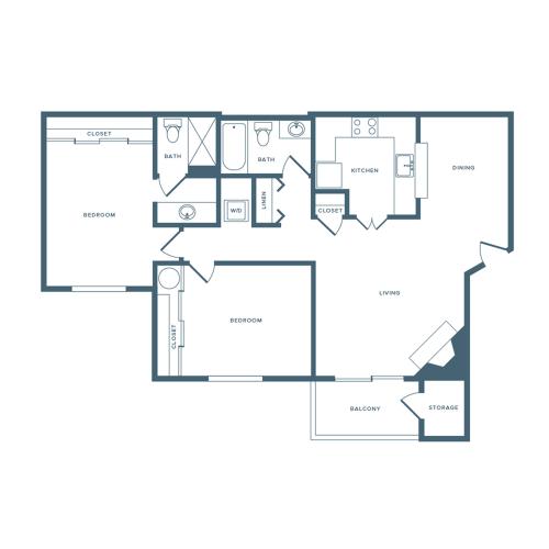 884 square foot renovated two bedroom two bath apartment floorplan image