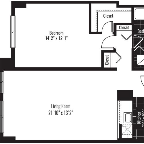 768 square foot one bedroom one bath apartment floorplan image