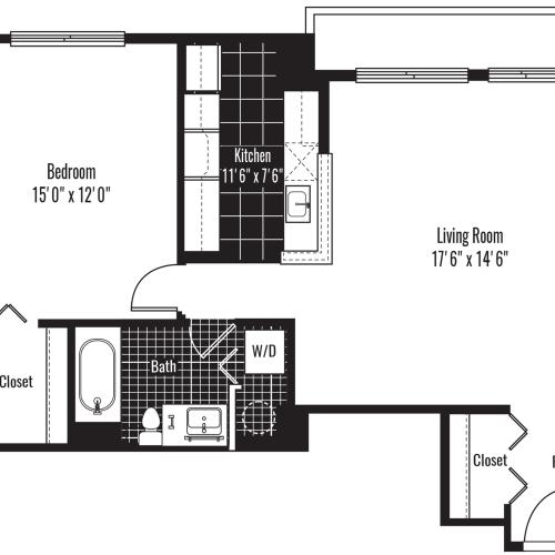 805 square foot one bedroom one bath apartment floorplan image