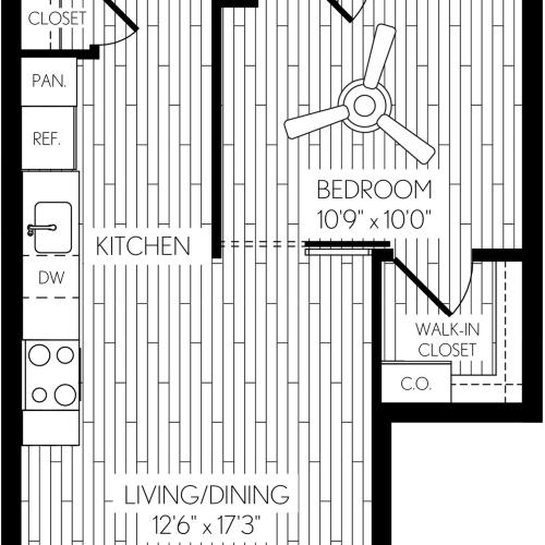 582 square foot one bedroom one bath apartment floorplan image