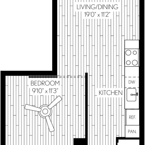 596 square foot one bedroom one bath apartment floorplan image