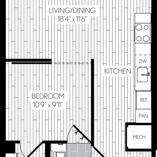 616 square foot one bedroom one bath apartment floorplan image