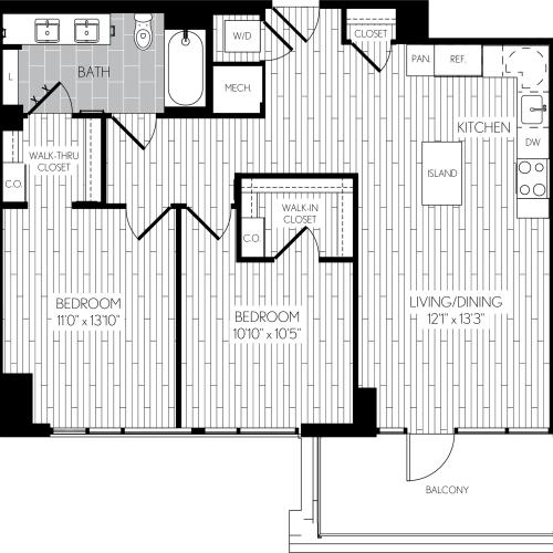 951 square foot two bedroom one bath apartment floorplan image
