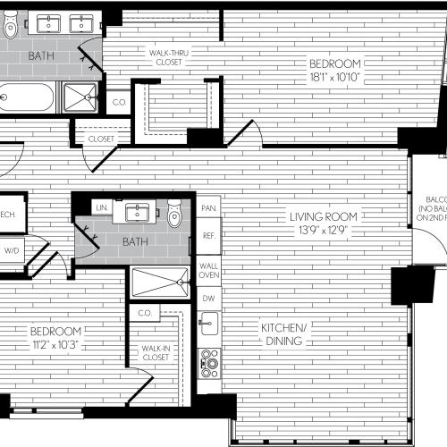 1139 square foot two bedroom two bath apartment floorplan image