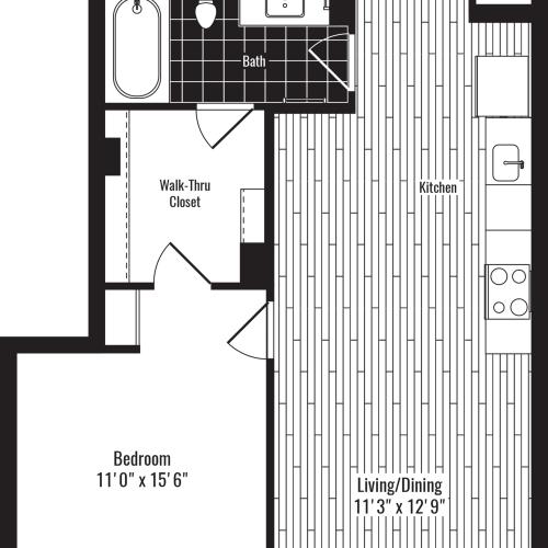 712 square foot one bedroom one bath apartment floorplan image