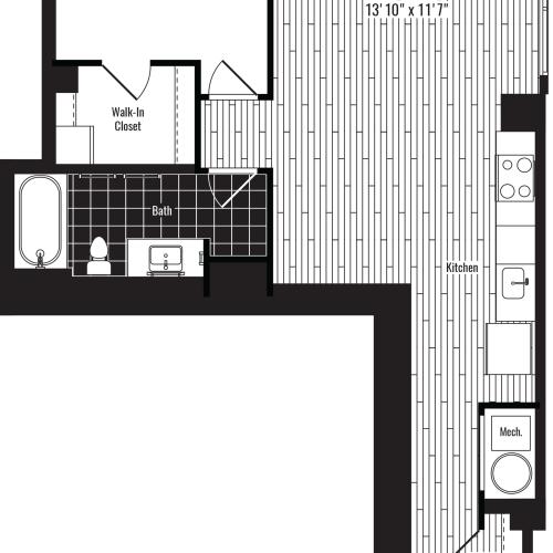 763 square foot one bedroom one bath apartment floorplan image