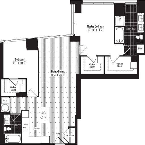 1276 square foot two bedroom two bath apartment floorplan image