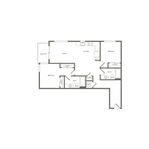 1,039 square foot two bedroom two bath floor plan image