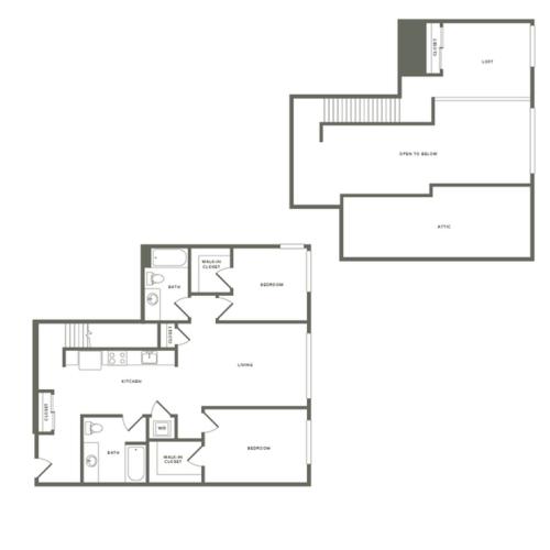1,321 square foot two bedroom two bath loft floor plan image