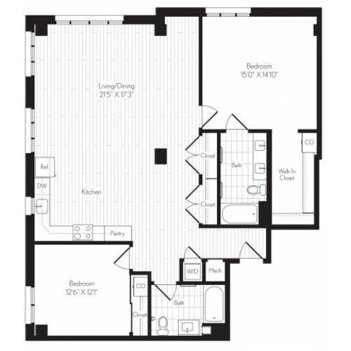 1458 square foot two bedroom two bath floor plan image