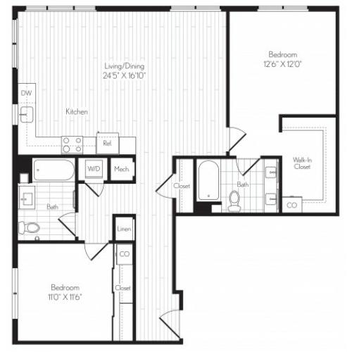 1244 square foot two bedroom two bath floor plan image