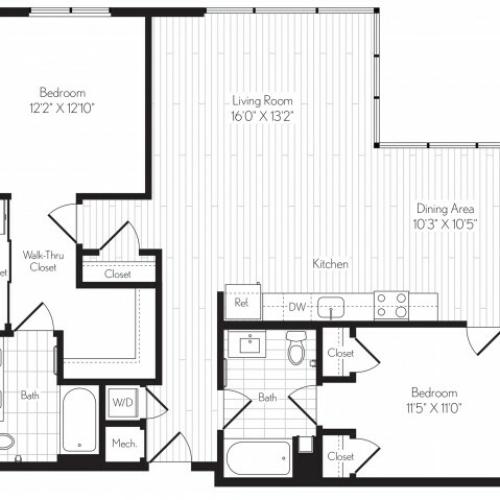 1244 square foot two bedroom two bath floor plan image