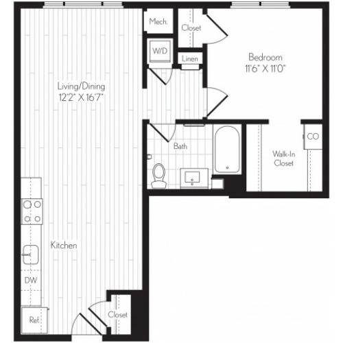763 square foot one bedroom one bath floor plan image