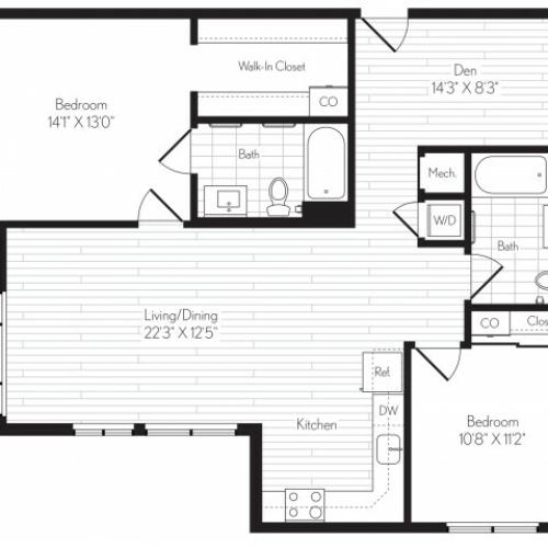 1176 square foot two bedroom two bath floor plan image