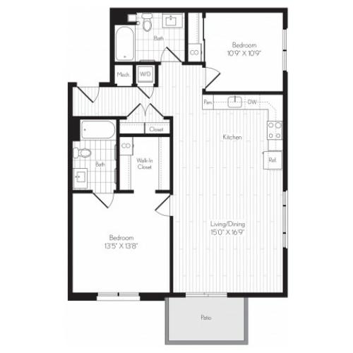 1127 square foot two bedroom two bath floor plan image