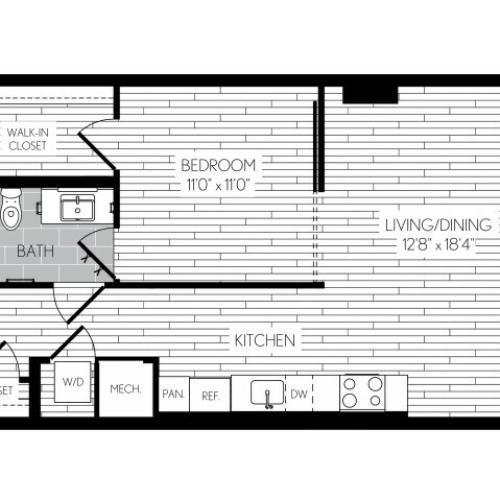 668 square foot one bedroom one bath apartment floorplan image