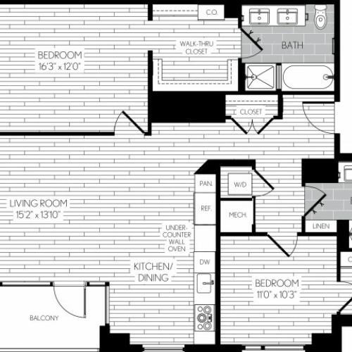1196 square foot two bedroom two bath apartment floorplan image