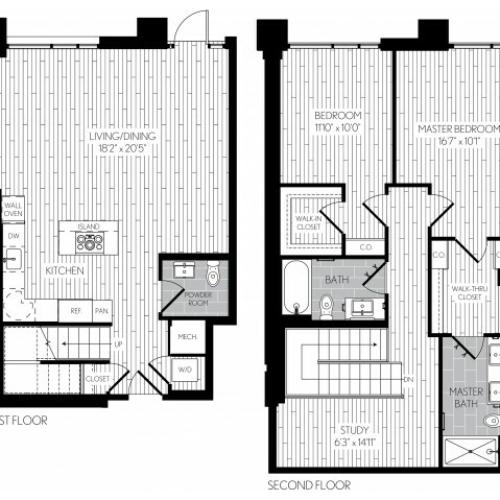 1421 square foot two bedroom two and a half bath two level apartment floorplan image