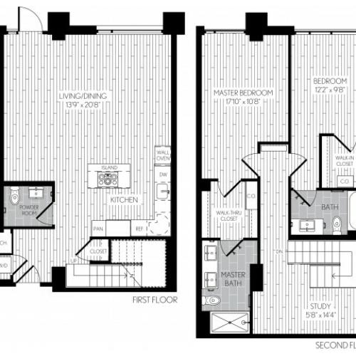 1466 square foot two bedroom two and a half bath two level apartment floorplan image with left side stair case