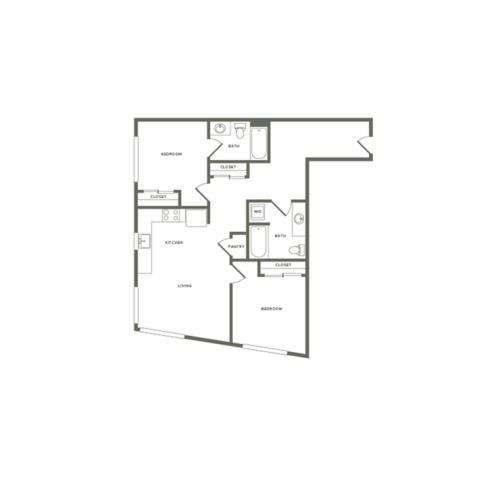 961 square foot  Income Restricted two bedroom two bath floor plan image