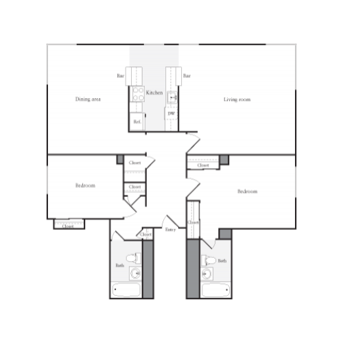 1325 square foot two bedroom two bath apartment floorplan image