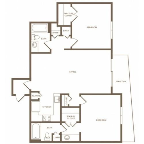 1127 square foot renovated two bedroom two bath apartment floorplan image