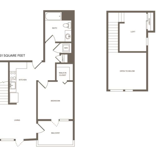 882 square foot one bedroom one bath loft floor plan