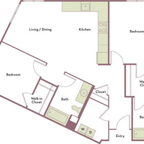 1,090 square foot two bedroom two bath apartment floorplan image