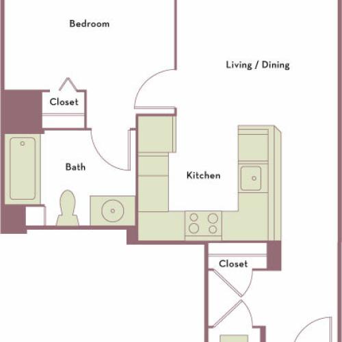 583 square foot one bedroom one bath apartment floorplan image