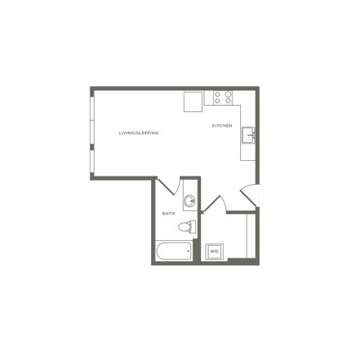 433 square foot income restricted studio one bath floor plan image
