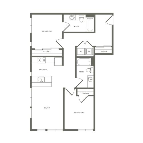 Income restricted Two bedroom two bath ranging from 916 to 953 square feet apartment floorplan image