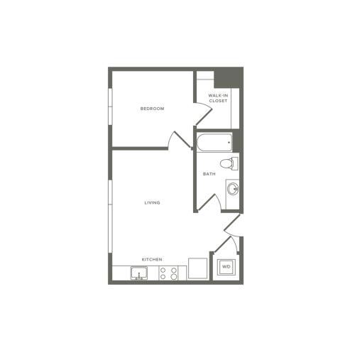 Income restricted 532 square foot one bedroom one bath apartment floorplan image