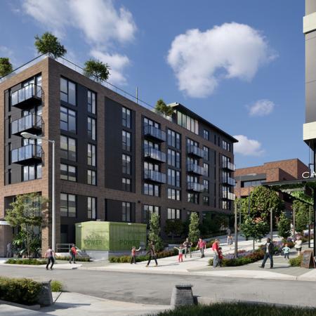 Exterior rendering of building from street view near Modera Broadway apartments in Seattle.